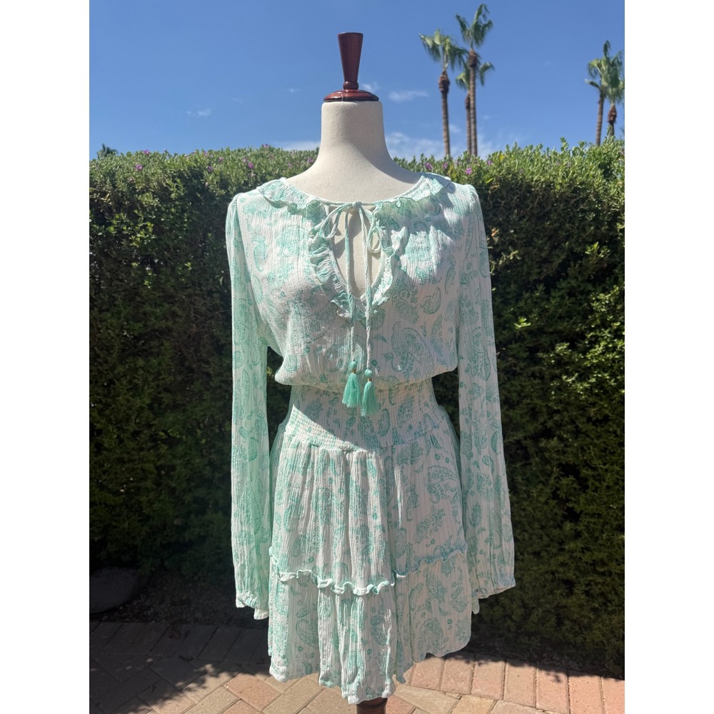 House of Harlow 1960 Mint Green‎ Paisley Smocked Mini Dress Tassel Tie Large